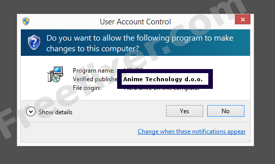 Screenshot where Anime Technology d.o.o. appears as the verified publisher in the UAC dialog